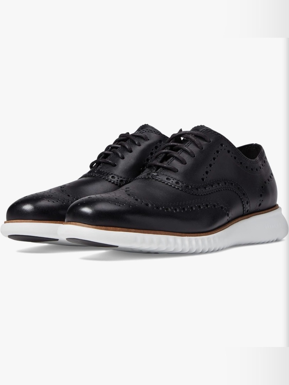 Cole Haan Black ZeroGrand Leather Wingtip Dress Oxfords with White Sole